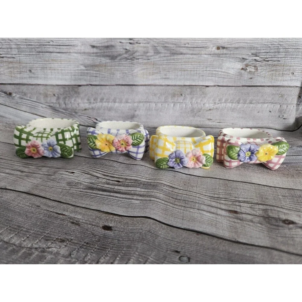 Set Of Four Ceramic Floral Napkin Rings By Lady Jayne LTD Spring Colors